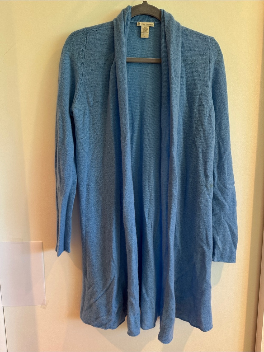 White + Warren Blue Open-Front Cashmere Long Cardigan